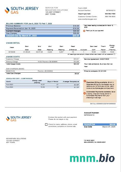 USA New Jersey South Jersey Gas rachunek za usługi komunalne szablon w formacie Word i PDF